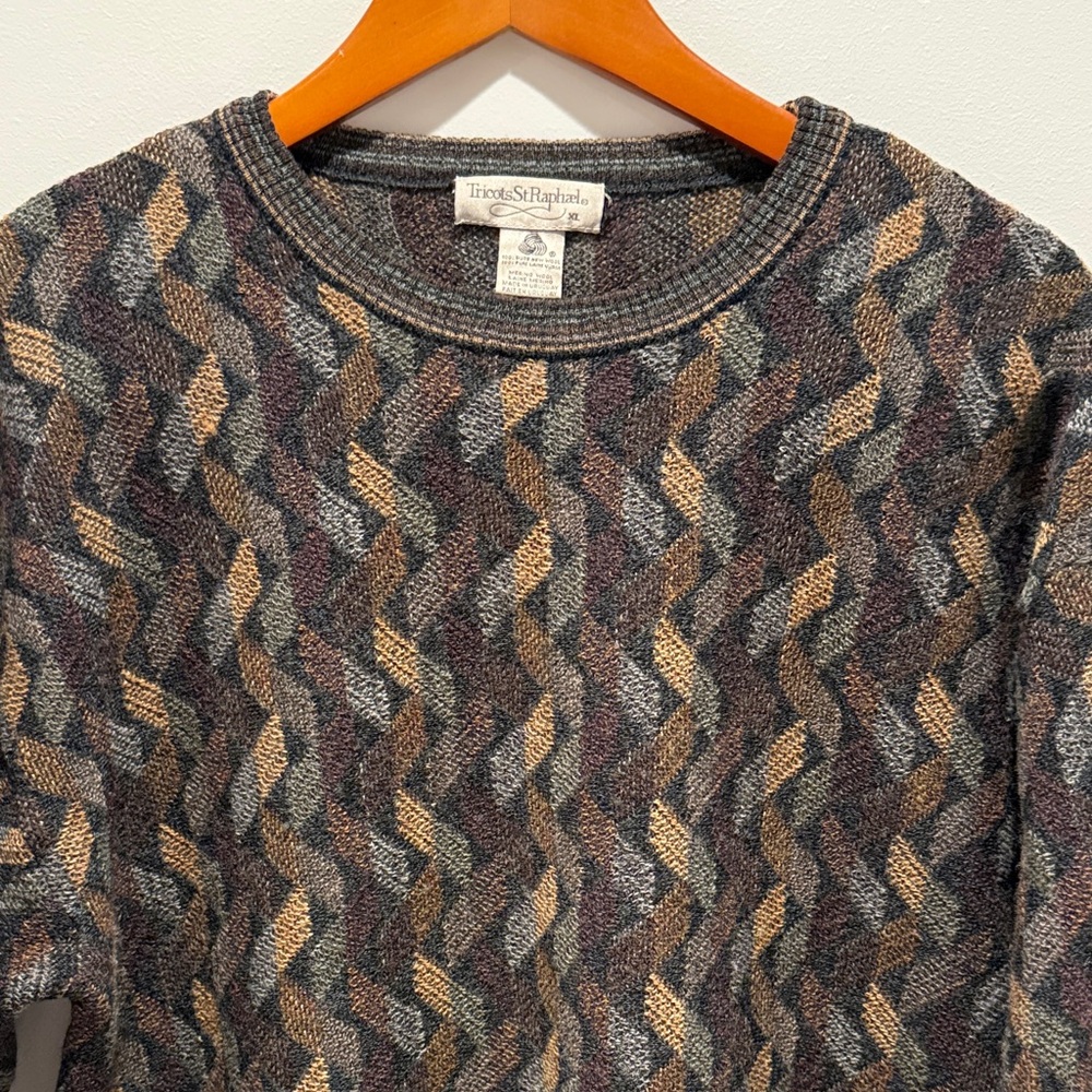 Tricots St Raphael Merino Wool Sweater XL Vintage 90s Geometric Multi Color